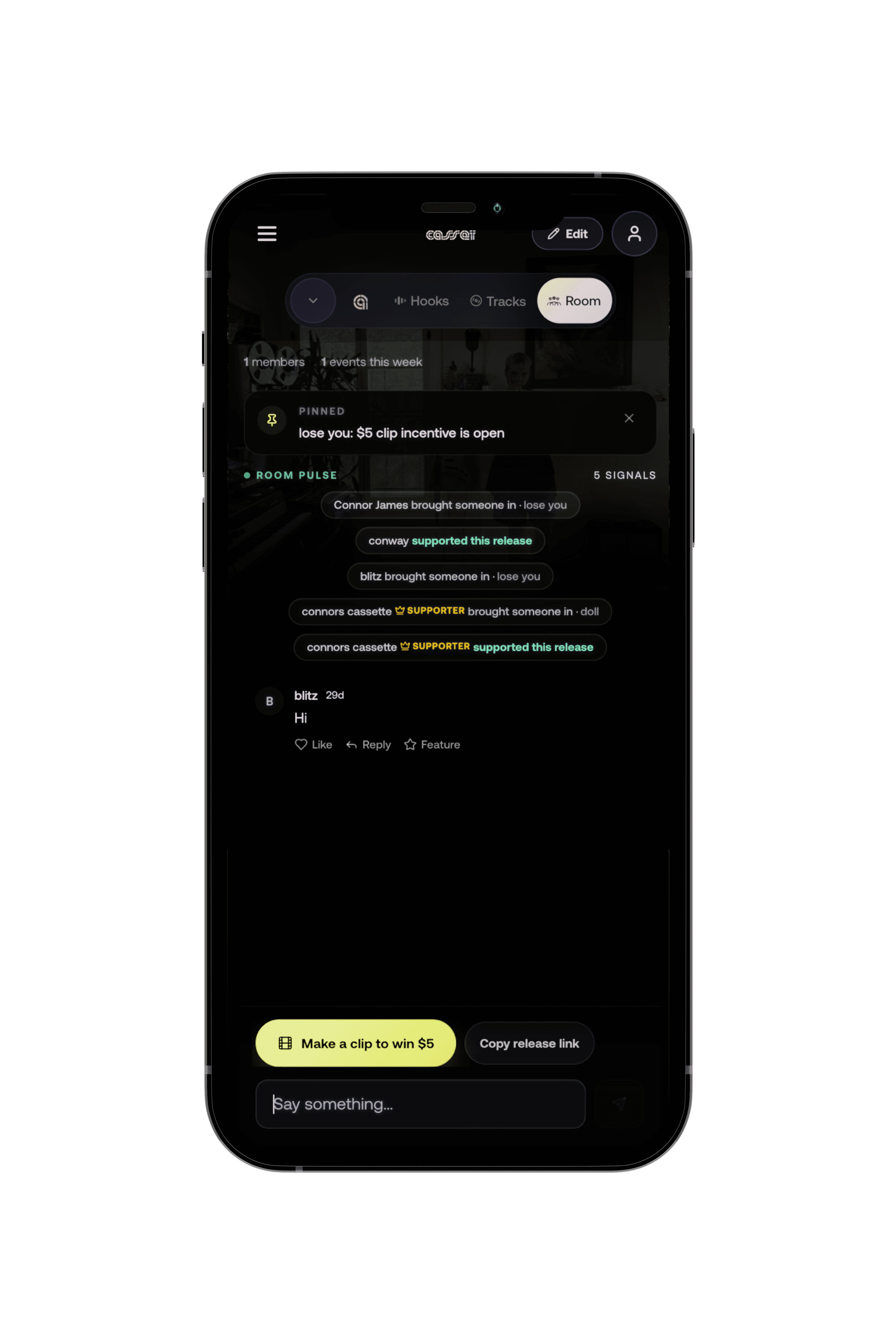Casset room phone view with supporter activity and release pulse